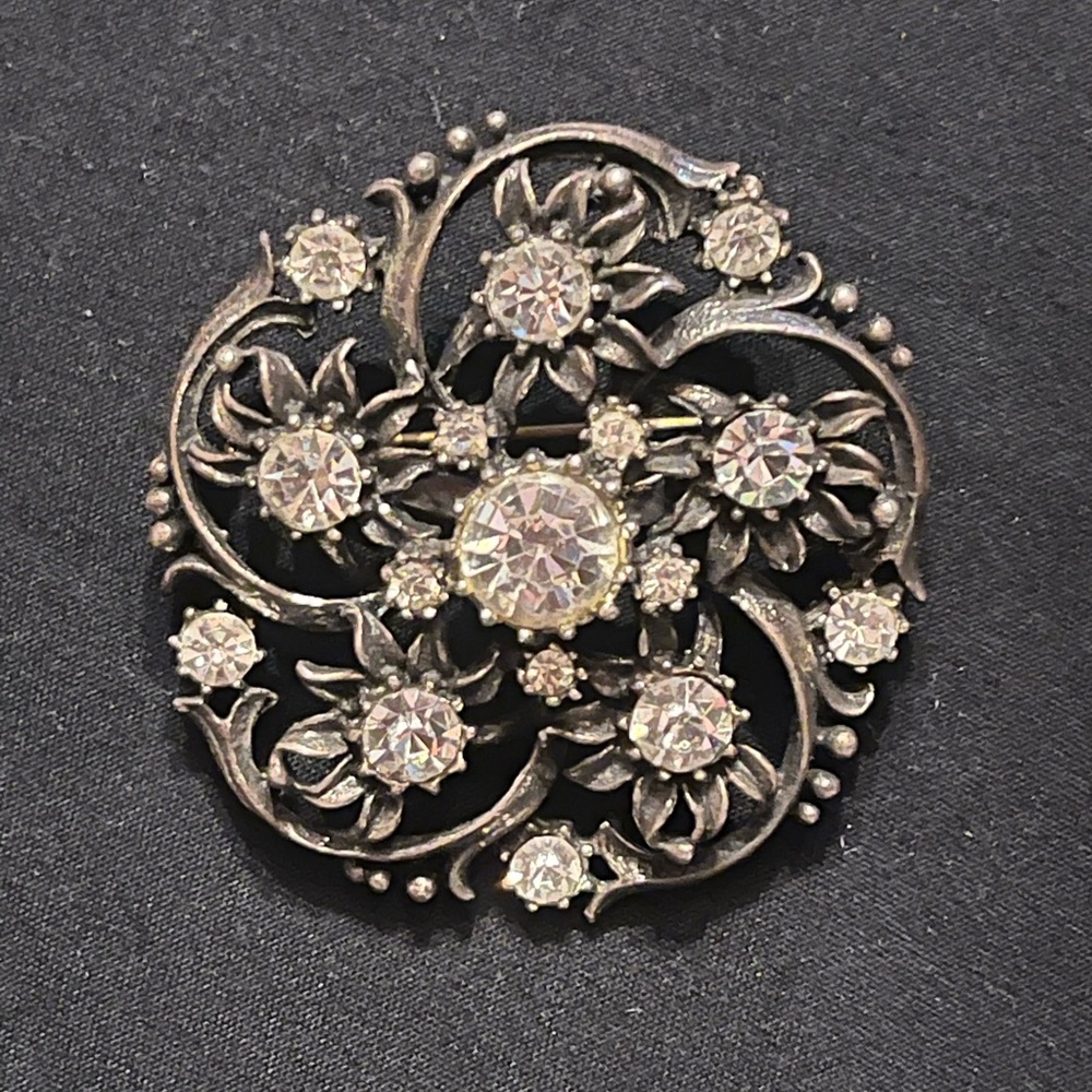 Vintage Silver Tone Rhinestone Brooch Signed Coro